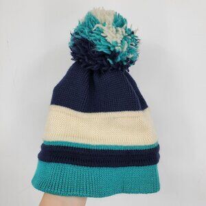 Vintage Smiley 100% Wool Made‎ in USA Blue Striped Pom Pom Winter Toboggan Hat